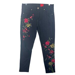 V Christina Womens Jeans Sz 10 Black Embroidered Floral Red Roses Boho FairyCore
